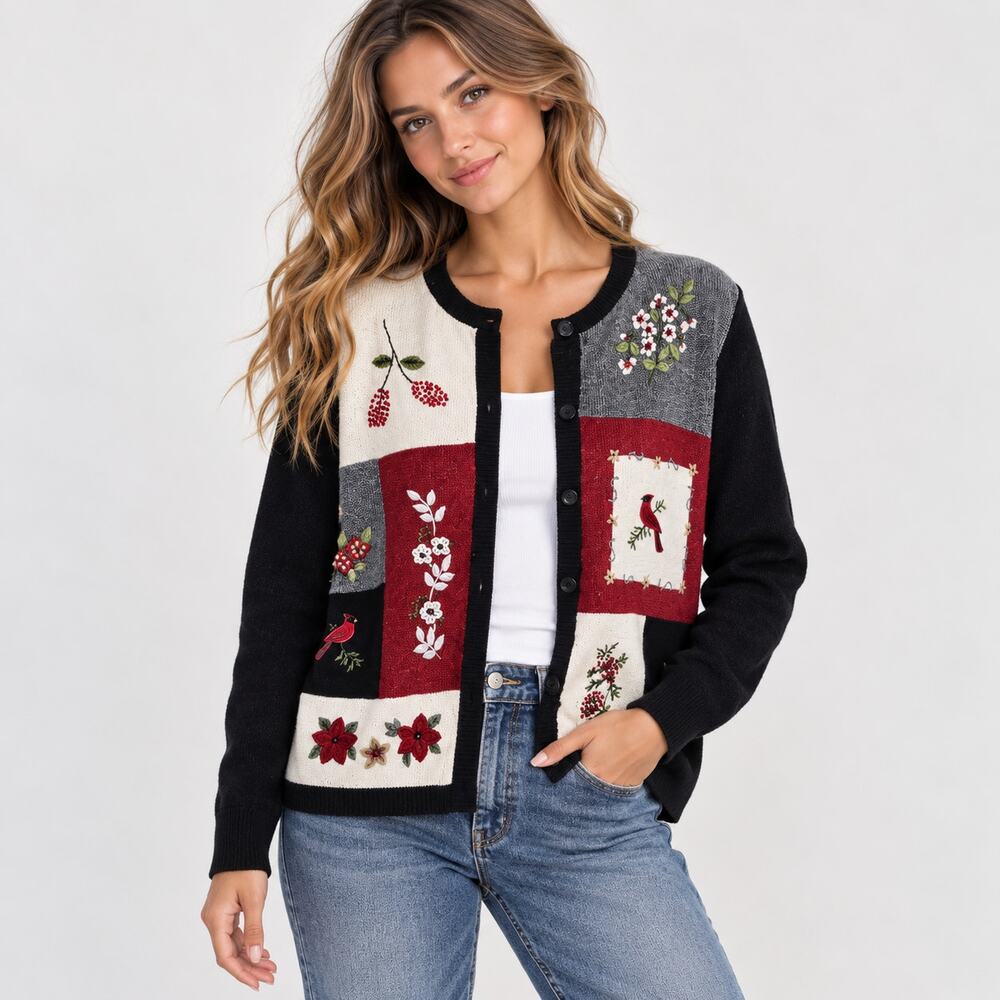 Alfred Dunner Sweater Cardigan Womens Size XL Embroidered Cardinal Casual Granny